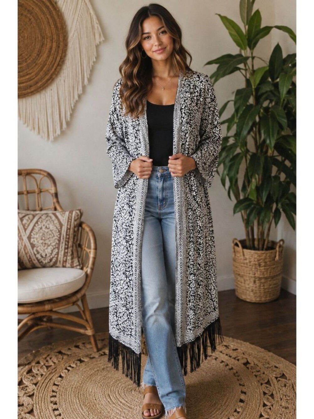 MNG Suit Collection long sleeve cardiga black and white printed fringed hem Sz L